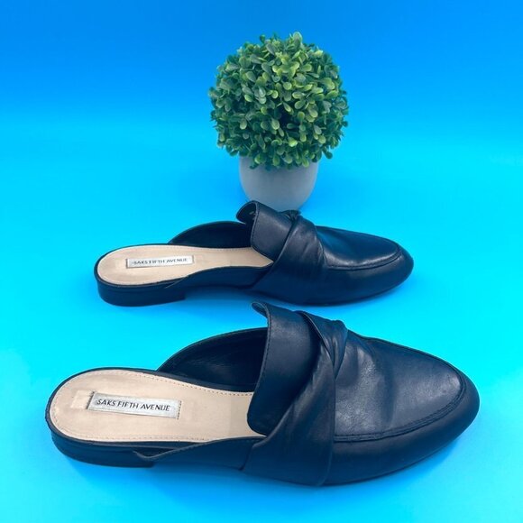 SAKS FIFTH AVENUE FABIA BLACK LEATHER MULE FLATS w/ ORIG. BOX - 10M - Picture 3 of 13